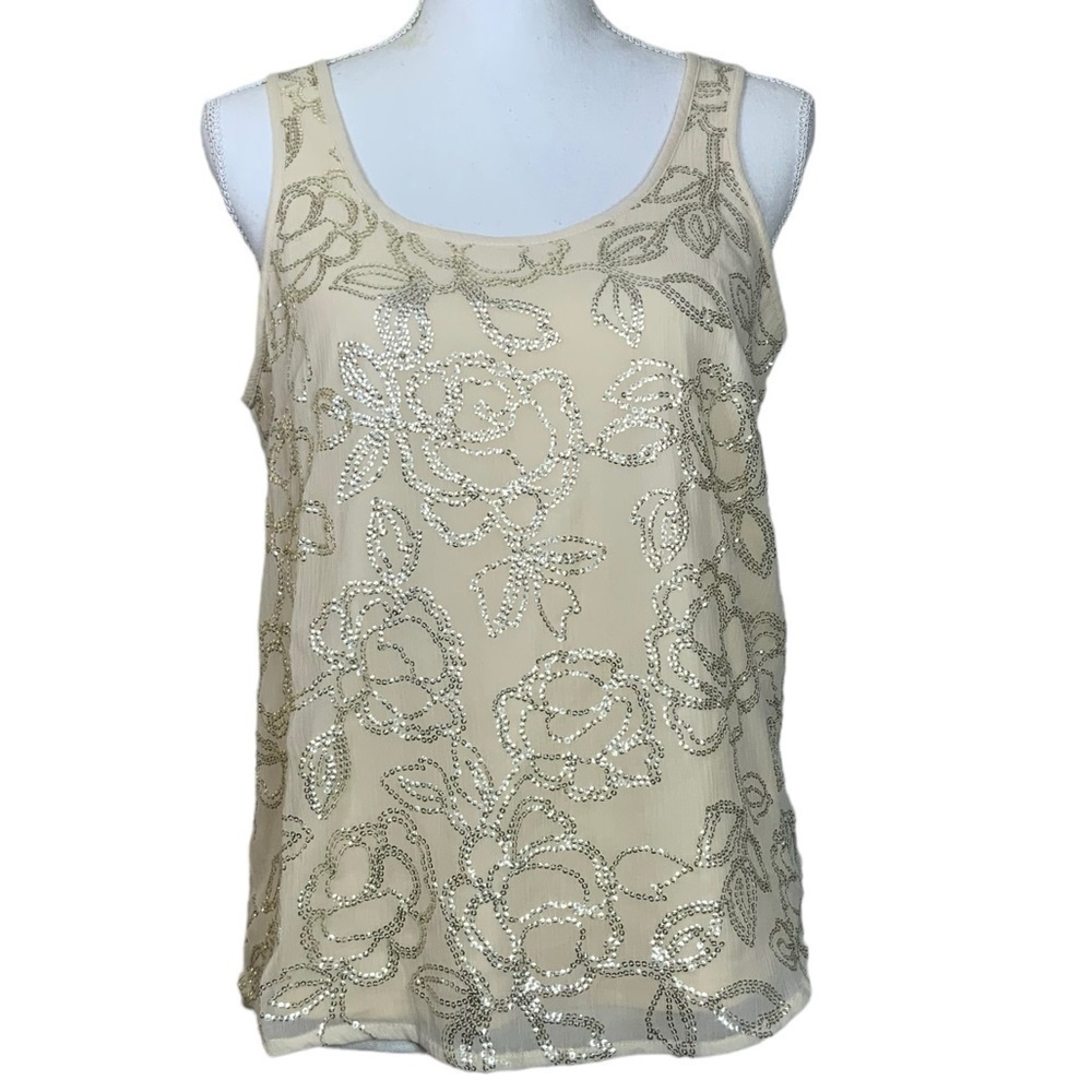 LC Lauren Tank Top Scoop Neck Sparkling Sequined Embellished Cream Blush Tank S